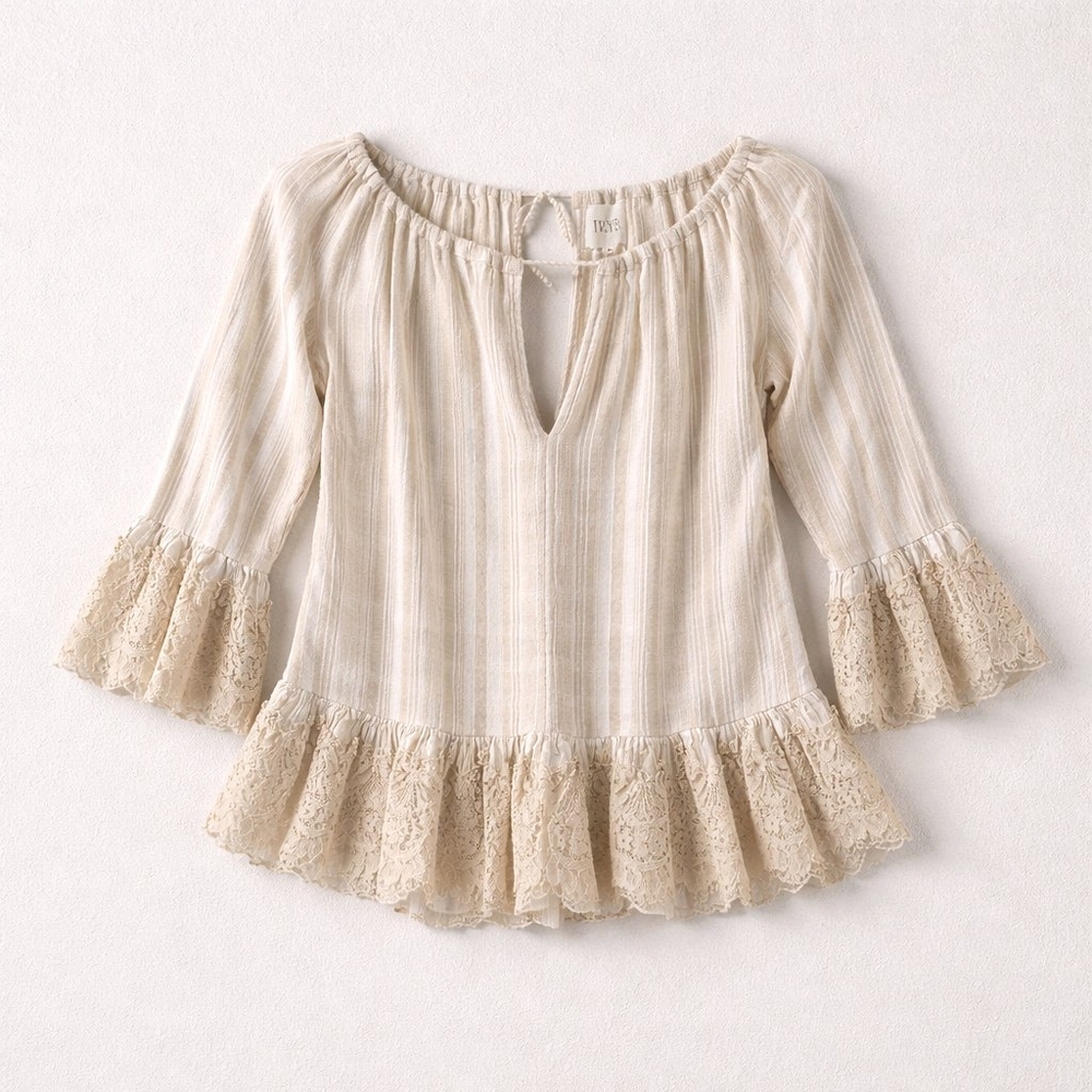 TRYB by Anthropologie Lace-Trim Romantic Breezy Bohemian Blouse | Size M